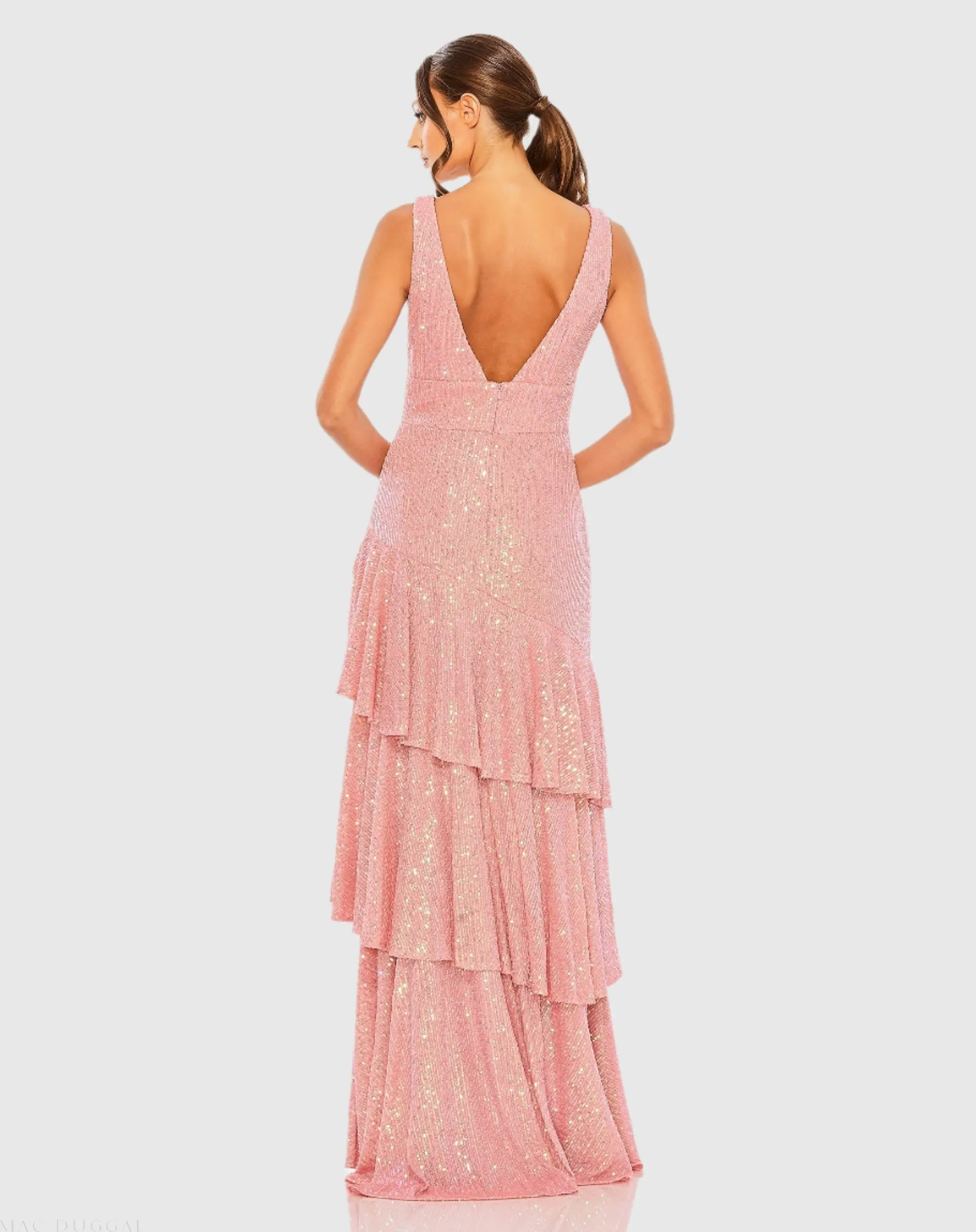 Pink Sequin Asymmetrical Ruffle Tiered Gown - Image 3