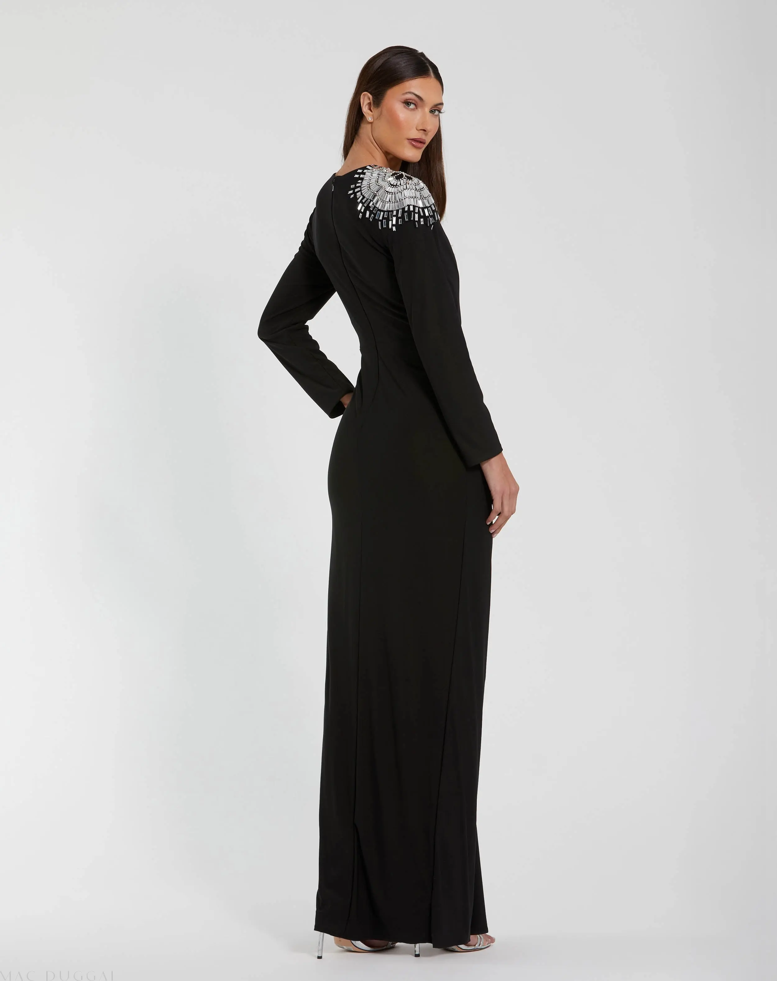 Black Jersey Long Sleeve Wrap Gown With Beaded Shoulder - Image 3