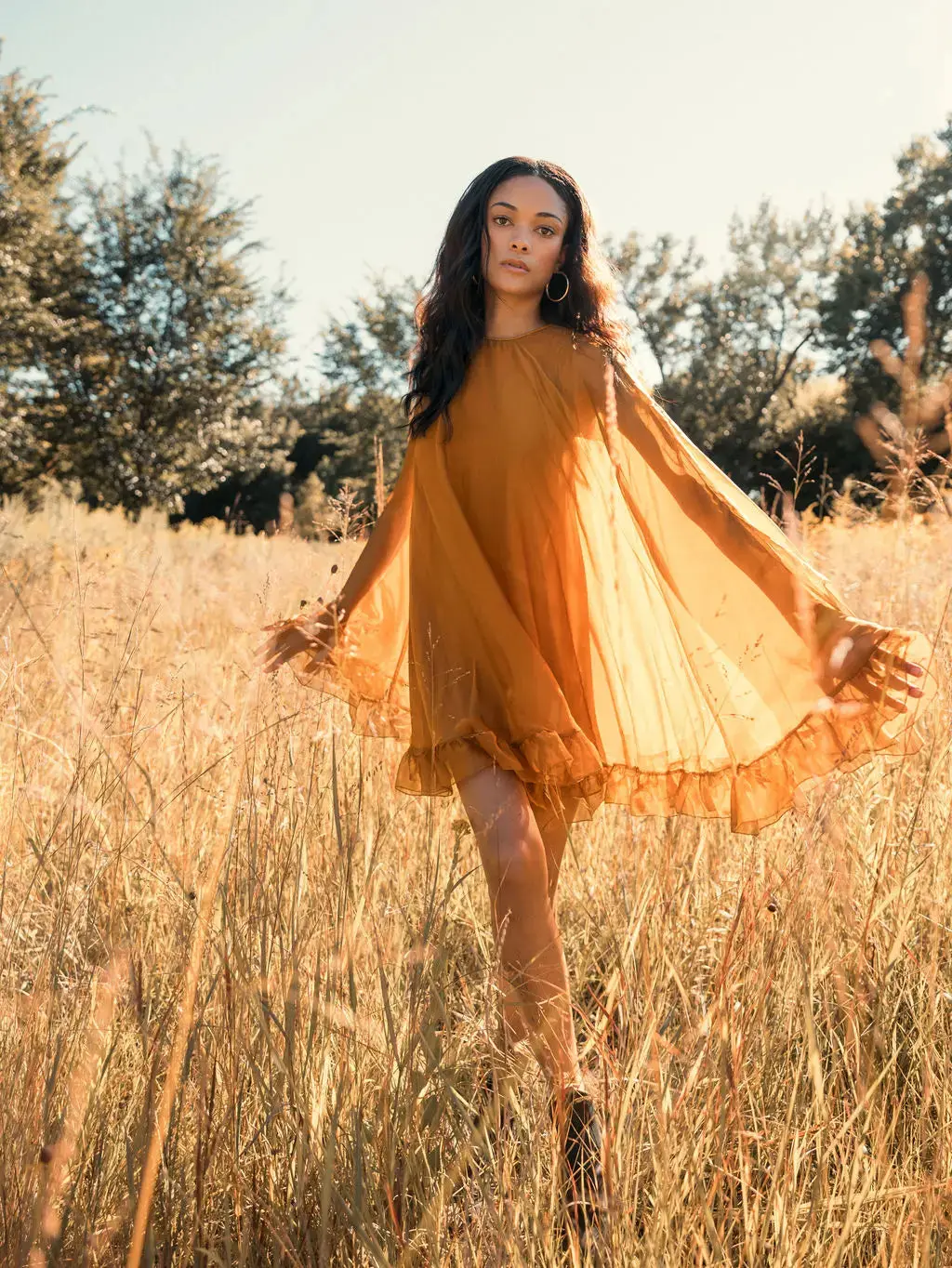 Dark Yellow High Neck Ruffle Hem Cape Mini Dress - Image 4