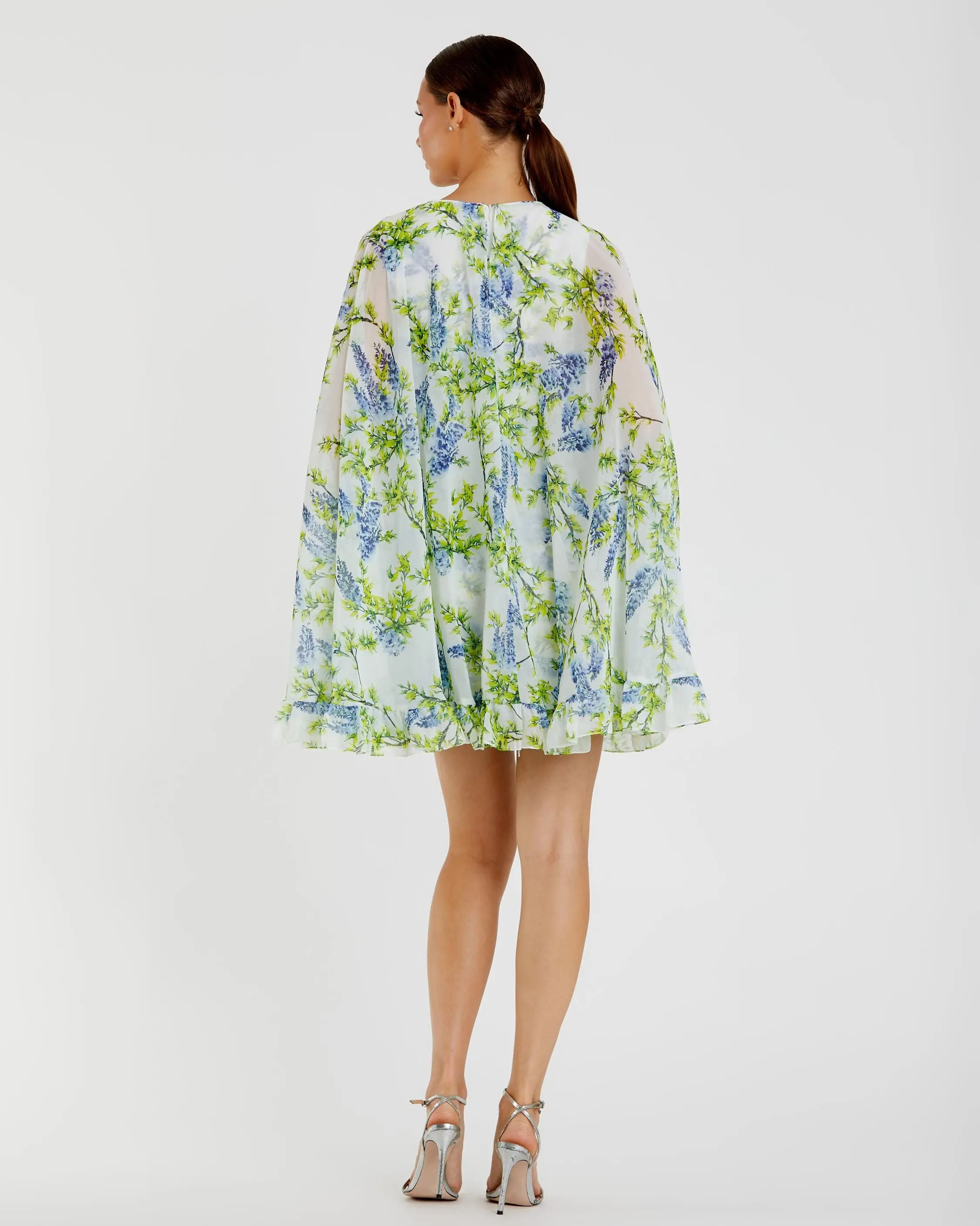 Multicolor Floral Print High Neck Ruffle Hem Cape Mini Dress - Image 3
