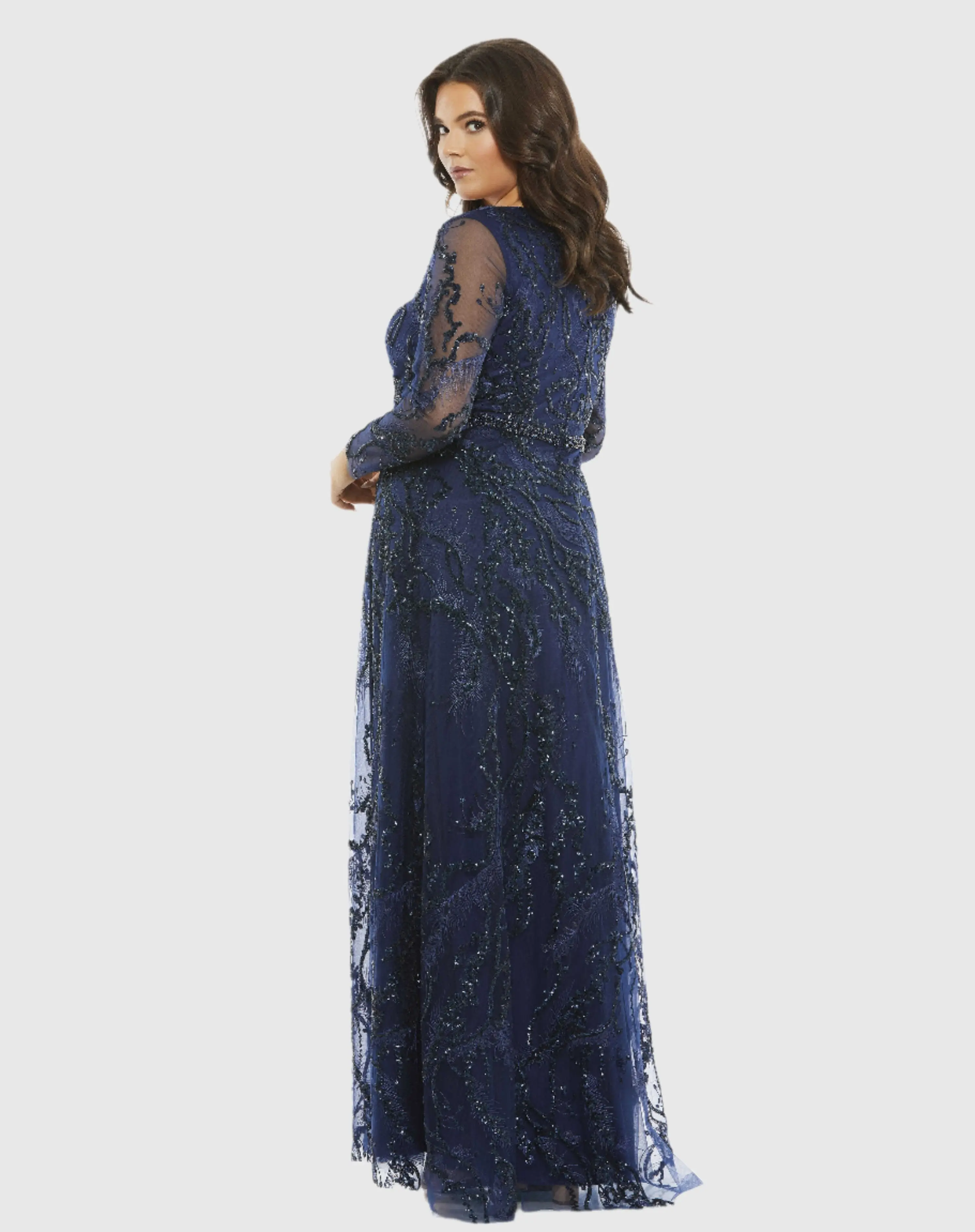 Navy Embellished Illusion Long Sleeve V-Neck A-Line Gown (Plus) - Image 3