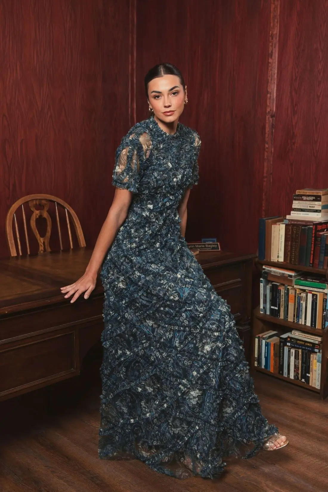 Blue Flutter Sleeve Floral Ruffle Detail Maxi Dress - Image 4