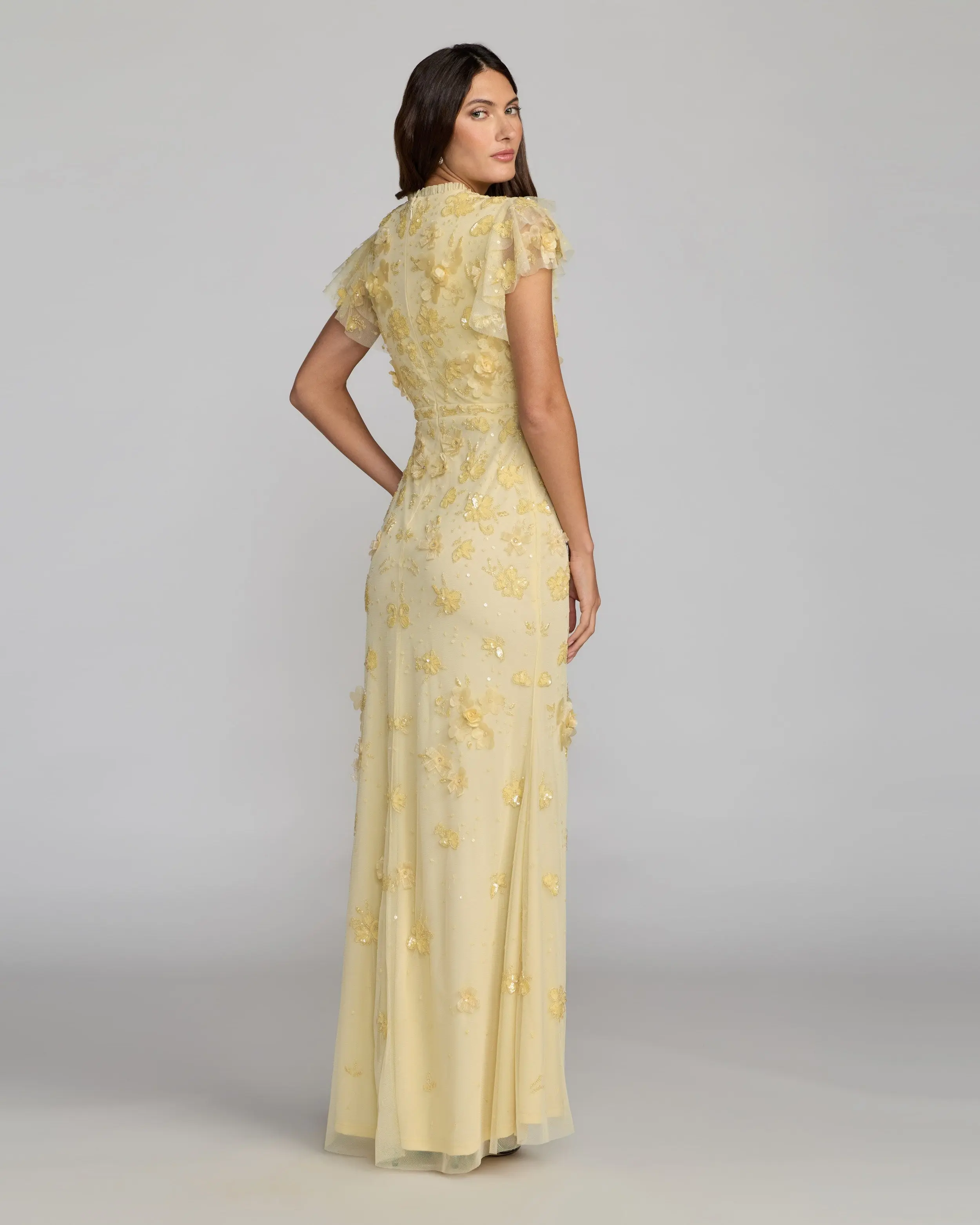 Yellow Floral Embellished High Neck Flutter Sleeve Gown - Image 3