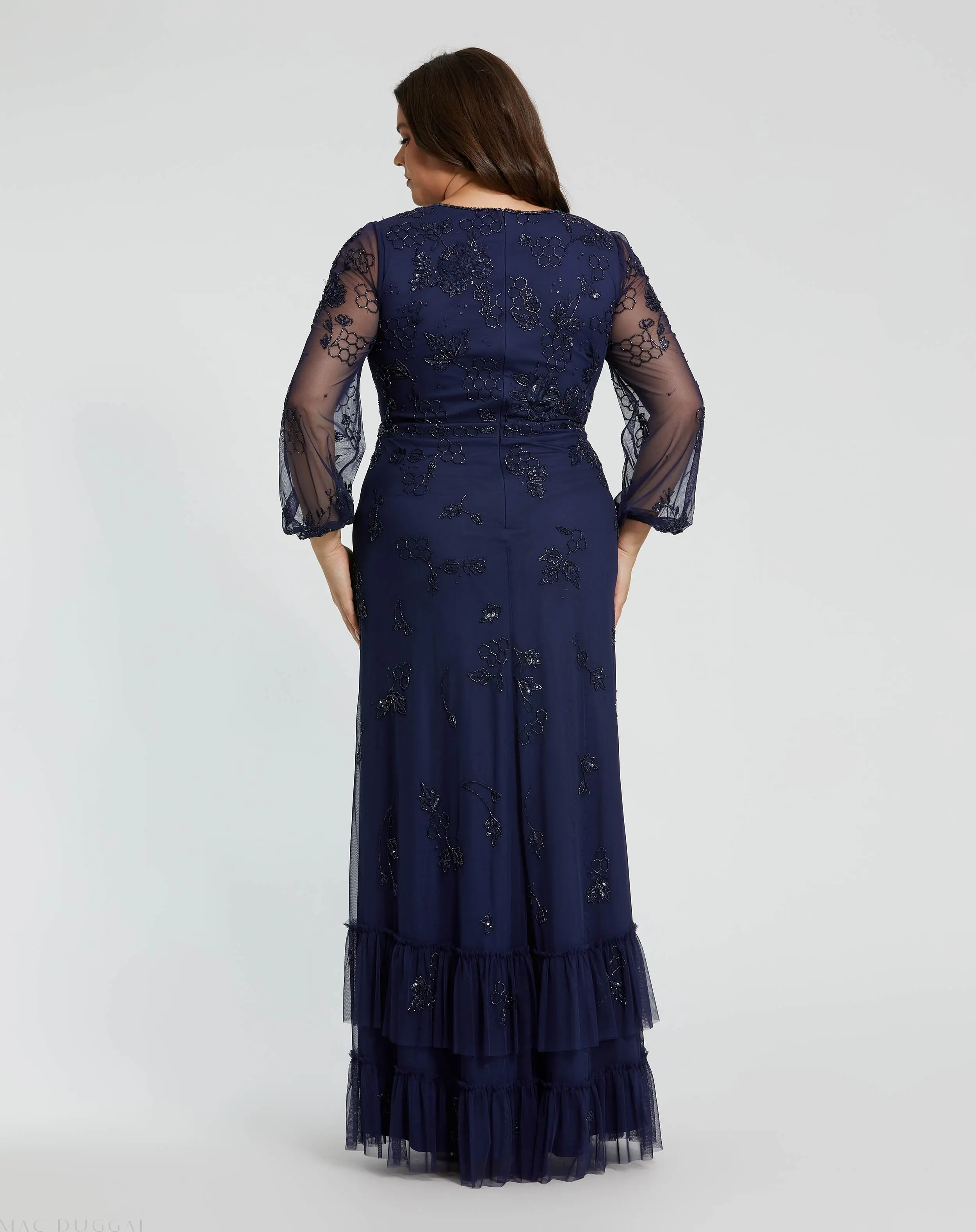 Navy Puff Sleeve V-Neck Tiered Embellished Gown (Plus) - Image 3