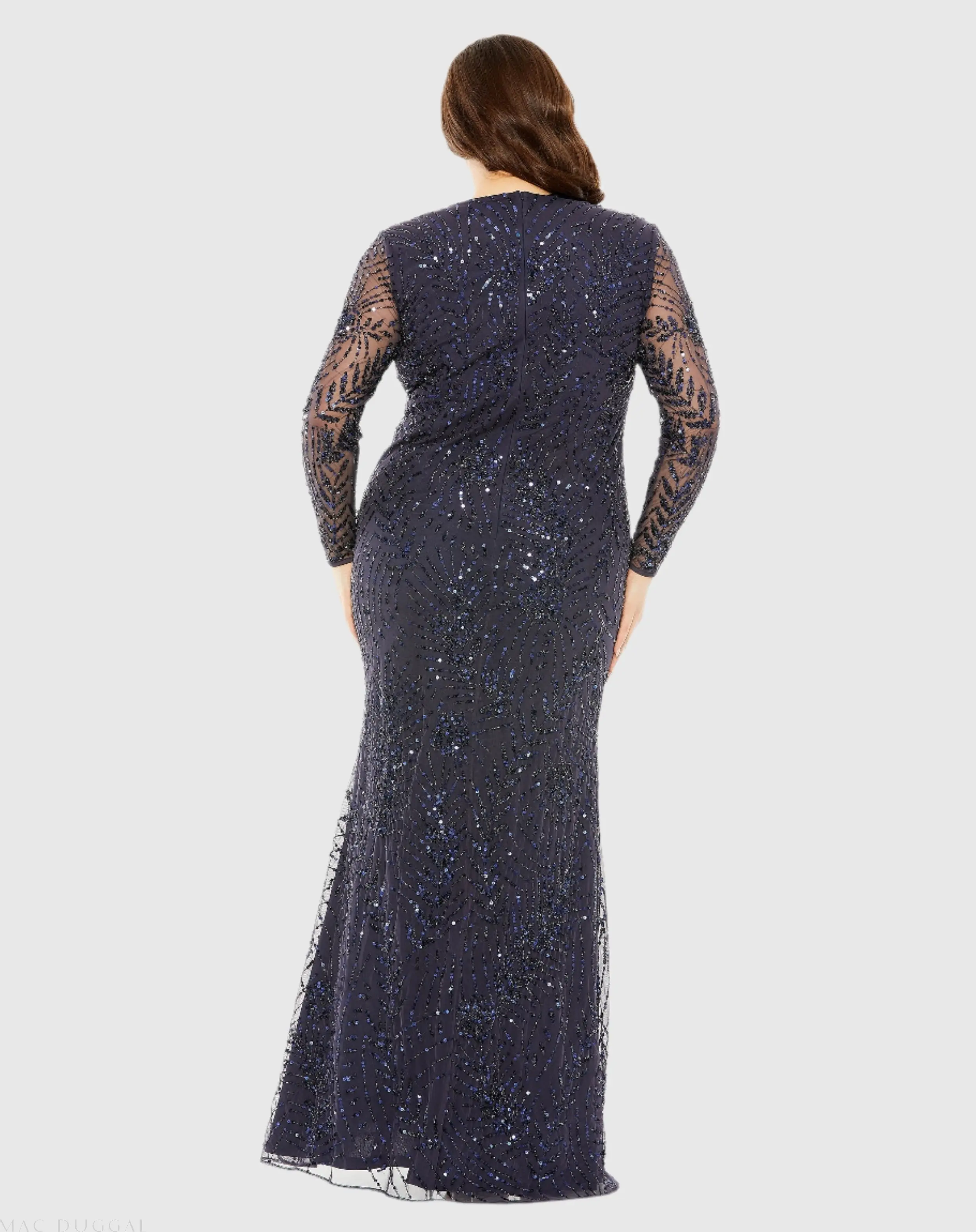 Navy Long Sleeve Mesh Embellished Gown - Image 3
