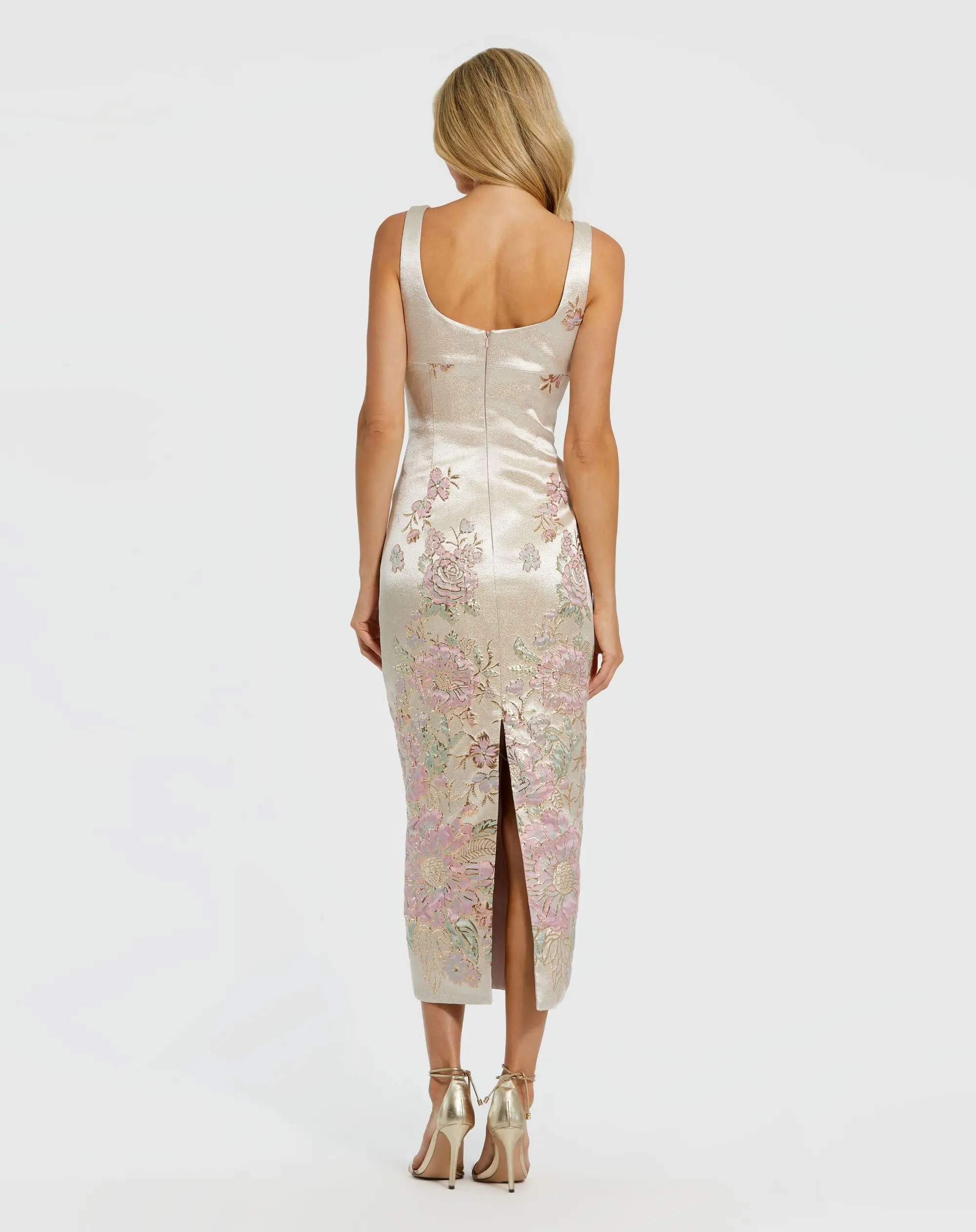 Petite Slim Strap Scoop Neck Bustier Brocade Midi Dress - Image 3
